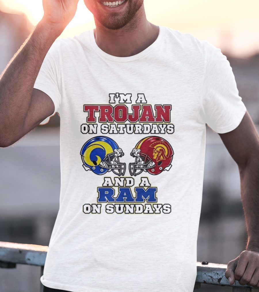 Trojan On Saturdays USC And Ram On Sundays Football Fan Helmet T-Shirt