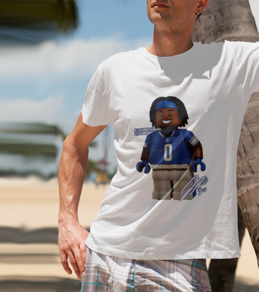 Detroit Lions Jahmyr Gibbs Lego Minifigure Launch Club Football Player T-Shirt