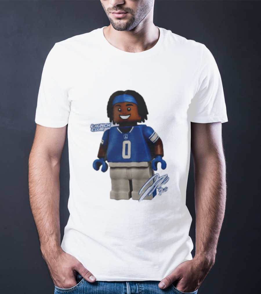 Detroit Lions Jahmyr Gibbs Lego Minifigure Launch Club Football Player T-Shirt