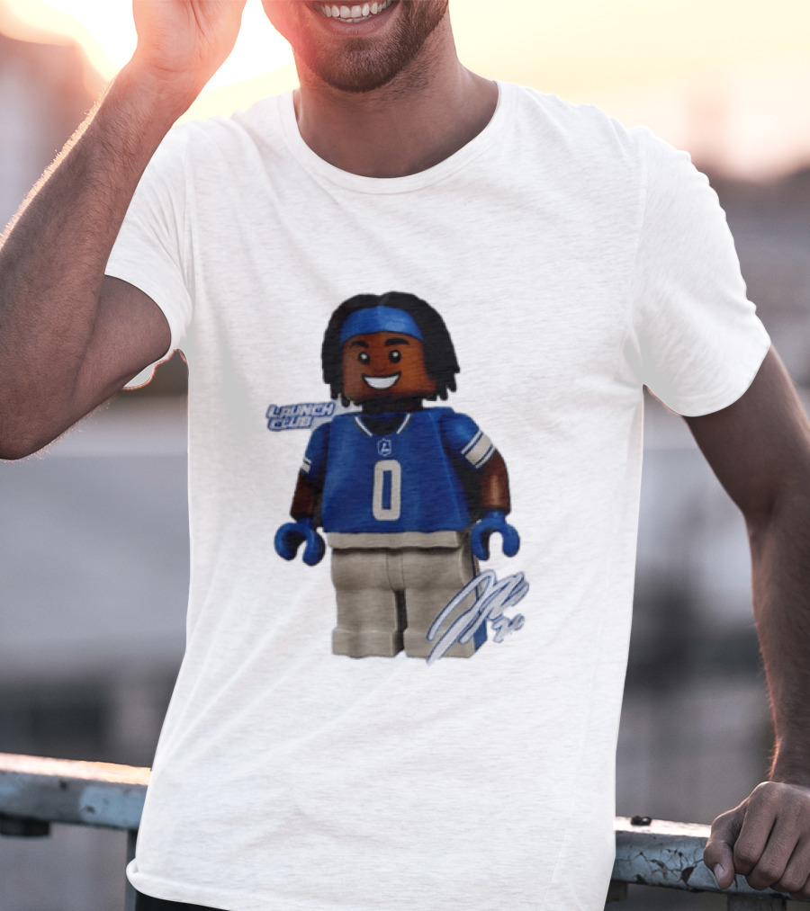 Detroit Lions Jahmyr Gibbs Lego Minifigure Launch Club Football Player T-Shirt