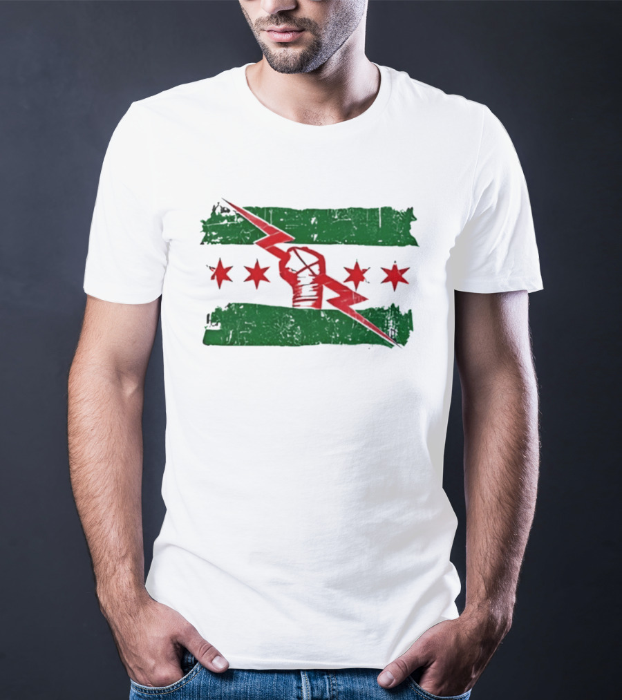 Chicago Flag Symbol Red Fist Lightning Bolt Green Distressed T-Shirt
