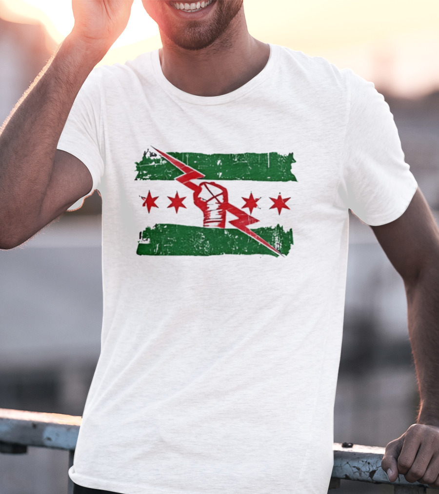 Chicago Flag Symbol Red Fist Lightning Bolt Green Distressed T-Shirt