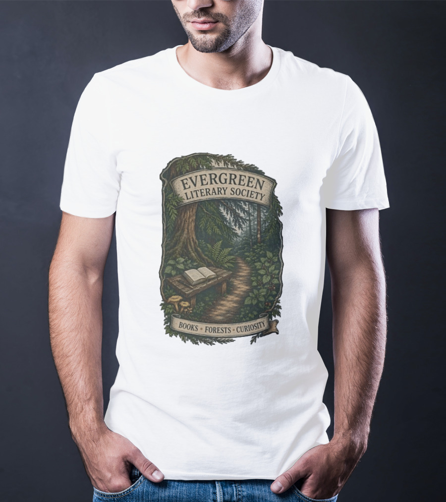 Evergreen Literary Society Books Forests Curiosity Pathway Through Trees T-Shirt