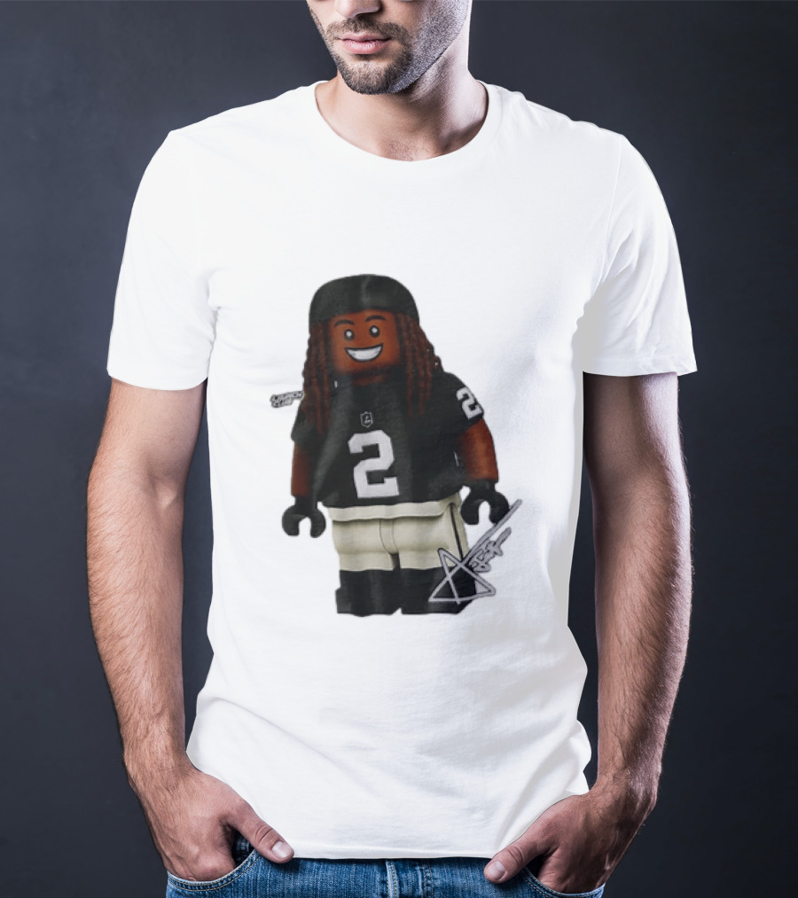 Las Vegas Raiders Running Back Ashton Jeanty 2 Lego Minifigure With Football Helmet T-Shirt