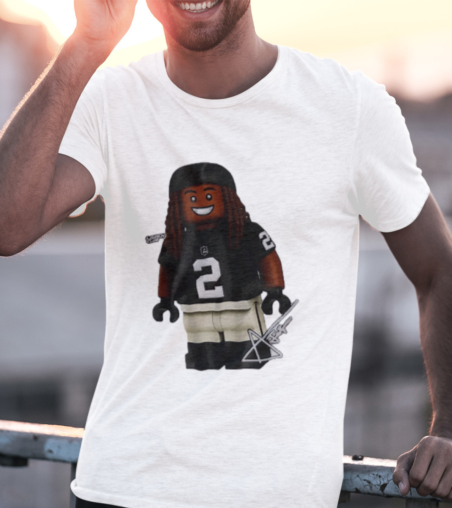 Las Vegas Raiders Running Back Ashton Jeanty 2 Lego Minifigure With Football Helmet T-Shirt