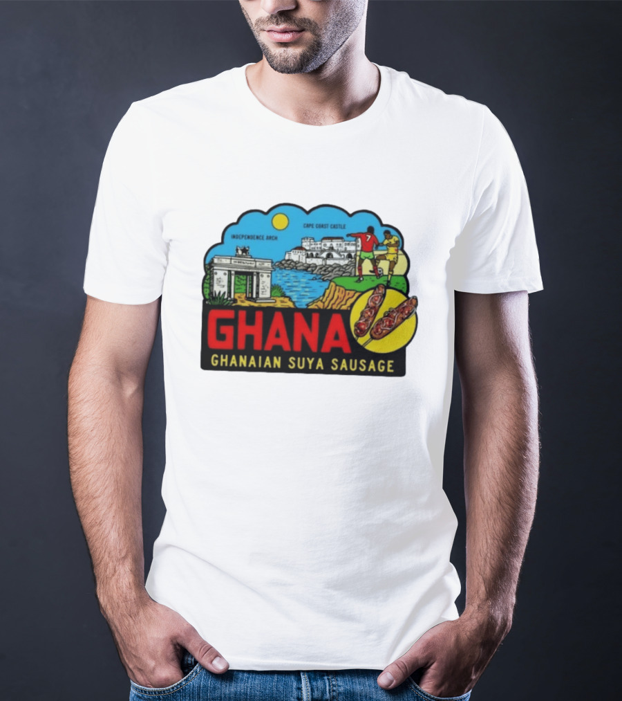 Ghana Cape Coast Castle Independence Arch Ghanaian Suya Sausage Soccer Scene T-Shirt