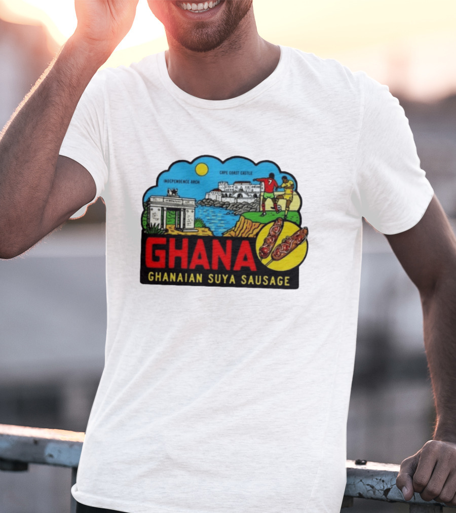 Ghana Cape Coast Castle Independence Arch Ghanaian Suya Sausage Soccer Scene T-Shirt