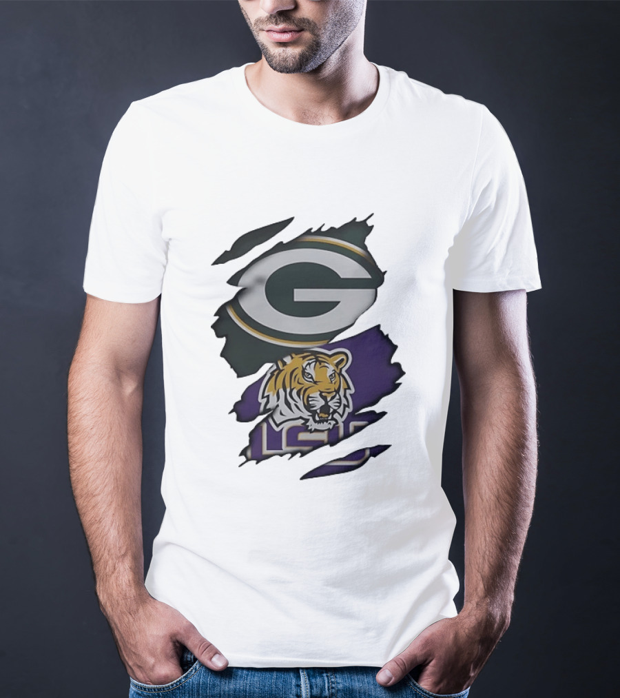 Green Bay Packers G Logo And LSU Tigers Purple And Gold Torn Fabric T-Shirt