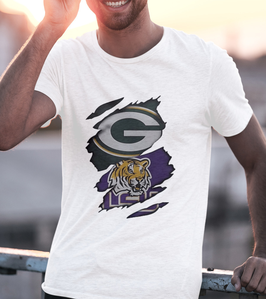 Green Bay Packers G Logo And LSU Tigers Purple And Gold Torn Fabric T-Shirt