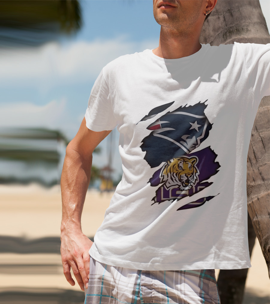 New England Patriots LSU Tigers Torn Fabric Tiger And Patriot Head Logos T-Shirt
