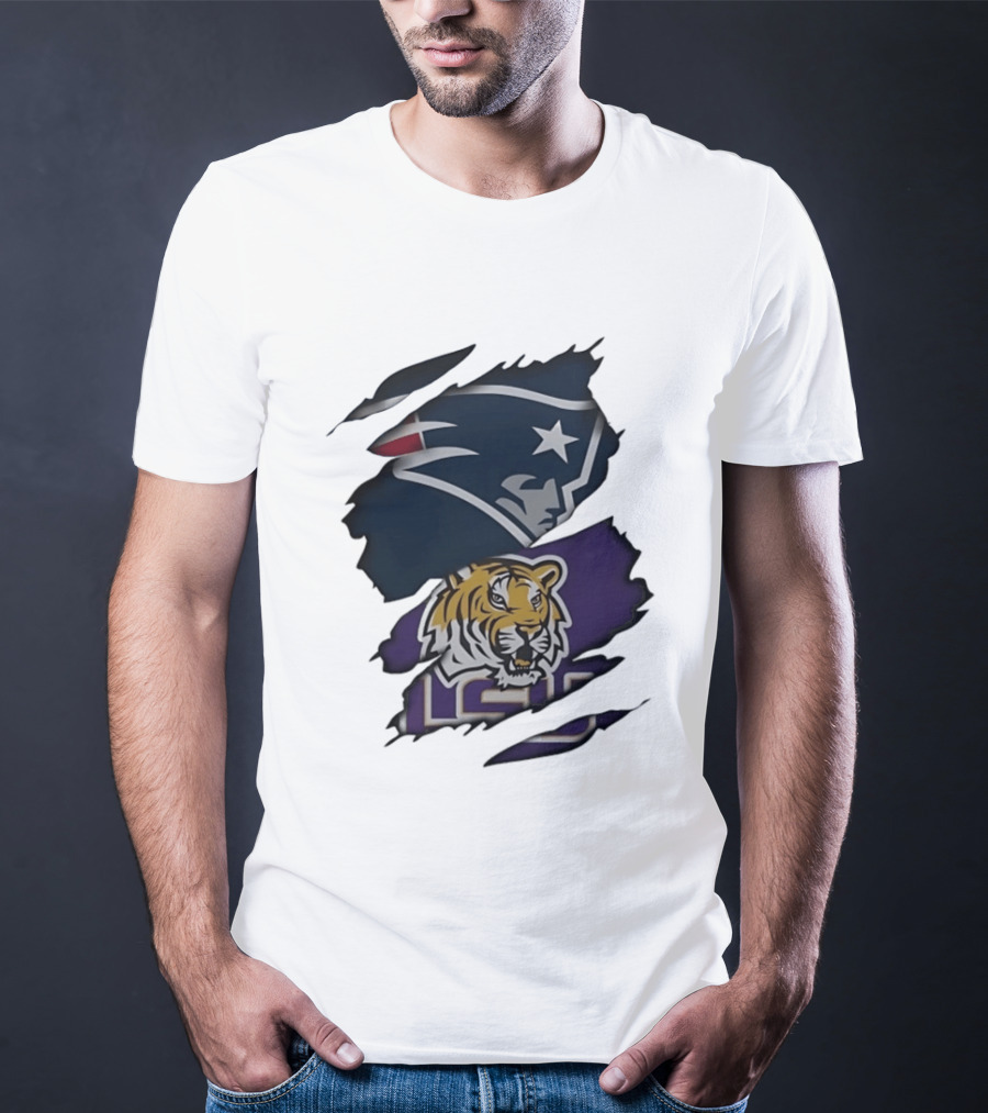 New England Patriots LSU Tigers Torn Fabric Tiger And Patriot Head Logos T-Shirt