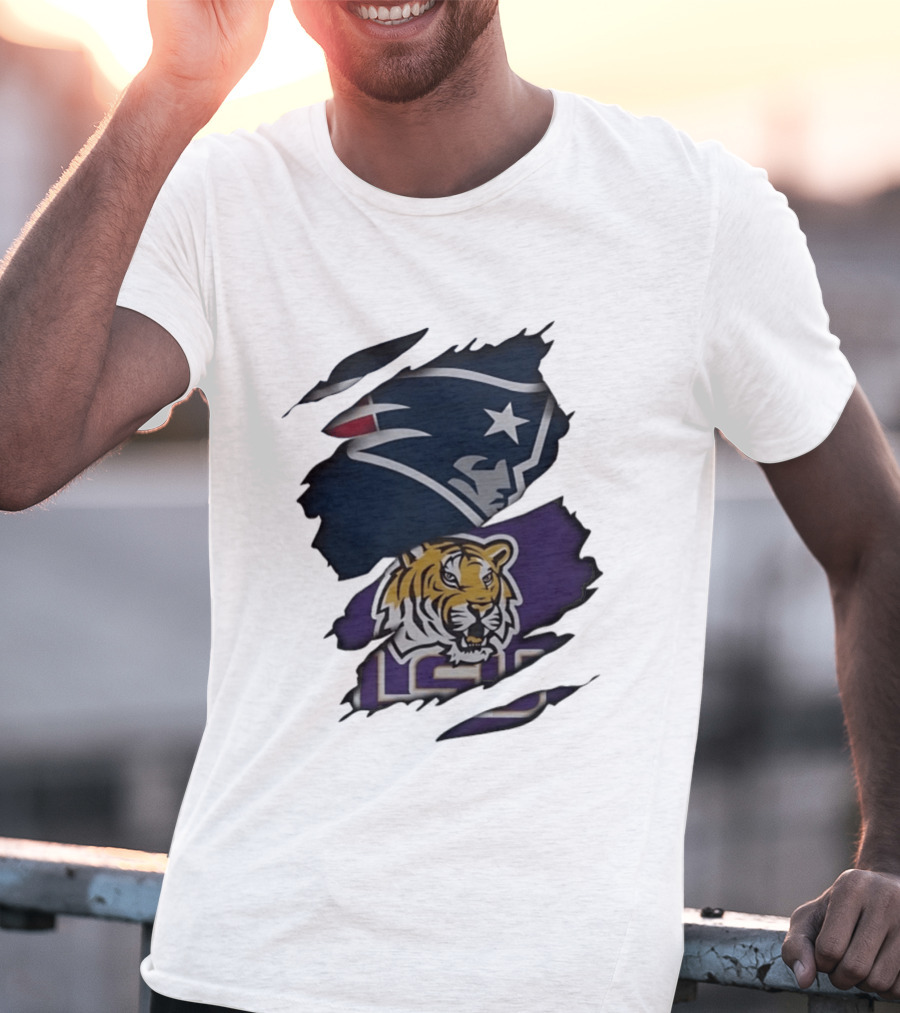 New England Patriots LSU Tigers Torn Fabric Tiger And Patriot Head Logos T-Shirt
