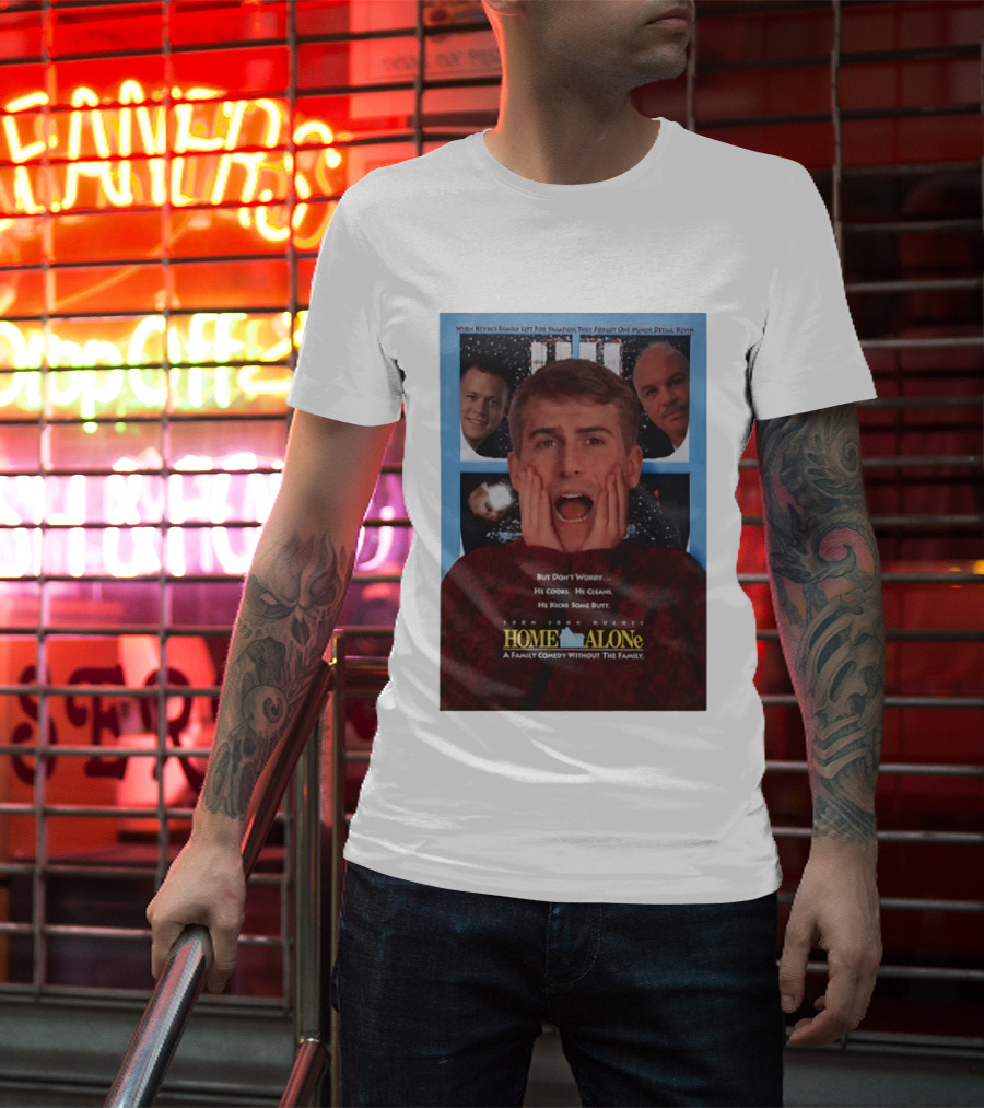 Home Alone But Don't Worry He Cooks He Cleans He Kicks Some Butt John Hughes Movie Kevin McCallister T-Shirt
