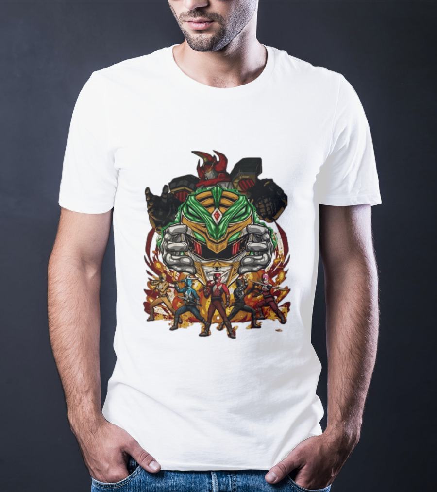 Mighty Morphin Power Rangers Green Ranger Dragonzord Helmet And Team Pose T-Shirt