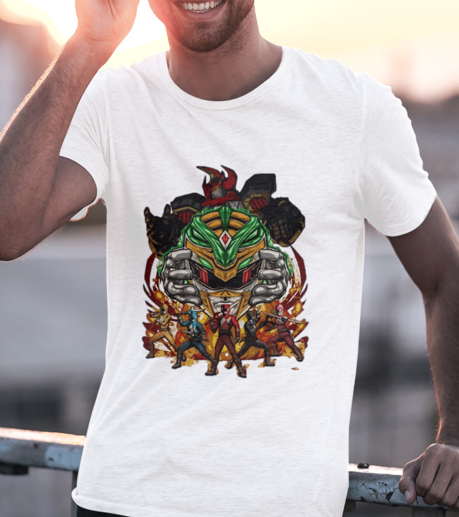 Mighty Morphin Power Rangers Green Ranger Dragonzord Helmet And Team Pose T-Shirt