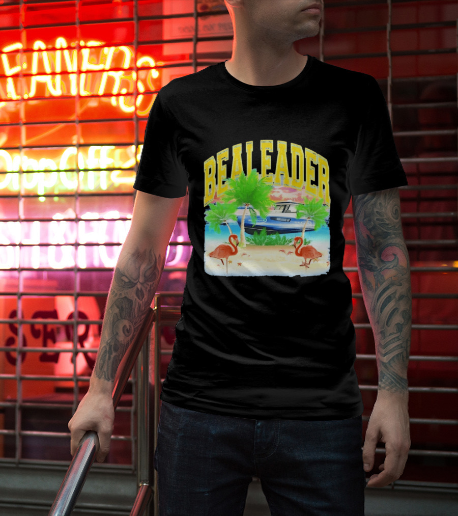 Bealeader Tropical Beach Scene With Palm Trees, Boat, And Flamingos T-Shirt