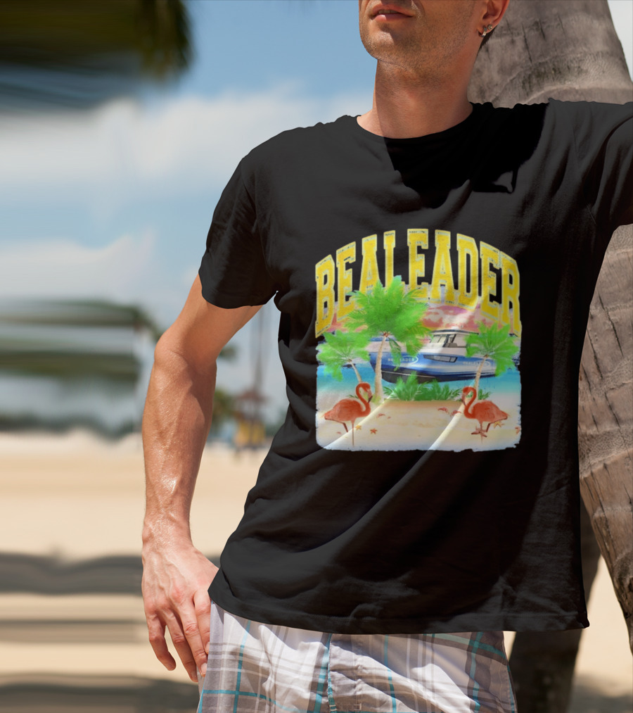 Bealeader Tropical Beach Scene With Palm Trees, Boat, And Flamingos T-Shirt