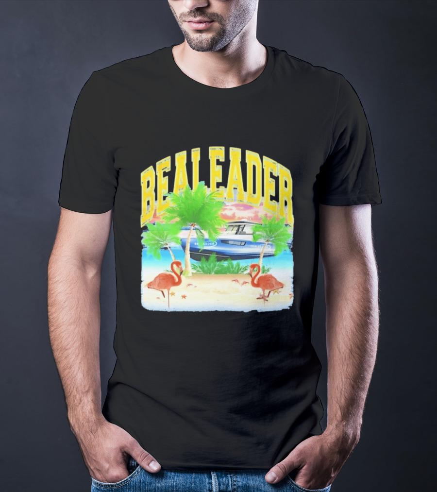 Bealeader Tropical Beach Scene With Palm Trees, Boat, And Flamingos T-Shirt