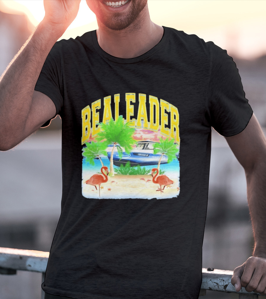Bealeader Tropical Beach Scene With Palm Trees, Boat, And Flamingos T-Shirt