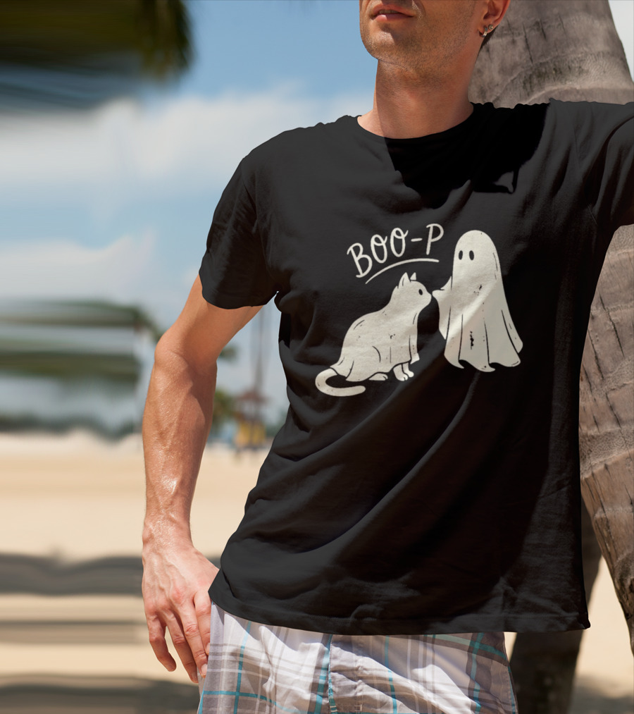 Boo P Humor Halloween Cat Ghost Playful Spirit And Feline Paw Interaction T-Shirt