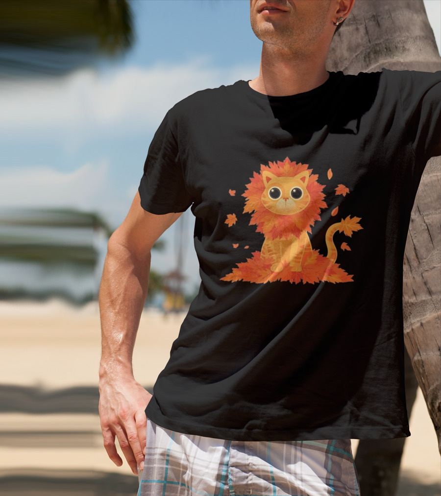 Cat With Autumn Leaves Mane Fall Lion Cozy Cute Kitty T-Shirt