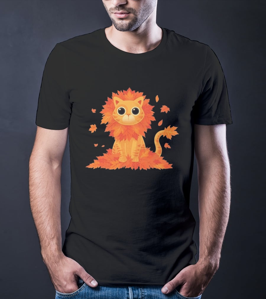 Cat With Autumn Leaves Mane Fall Lion Cozy Cute Kitty T-Shirt