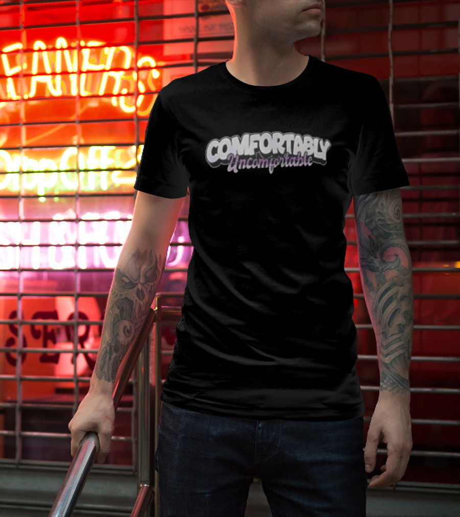 Comfortably Uncomfortable White Bubble Purple Cursive Script T-Shirt