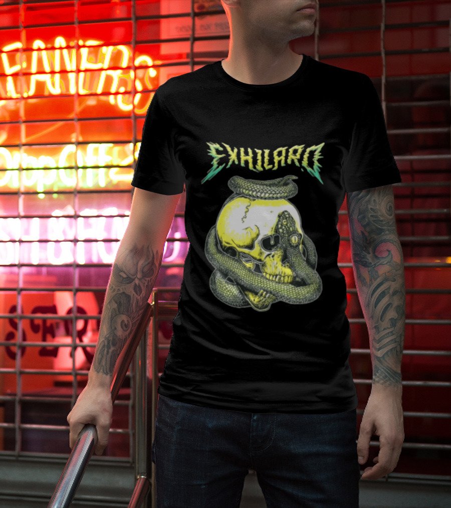 Exhilaro Venomous Serpent Coiled Around Yellow Human Skull T-Shirt