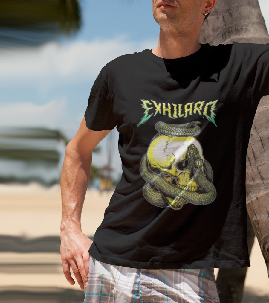 Exhilaro Venomous Serpent Coiled Around Yellow Human Skull T-Shirt