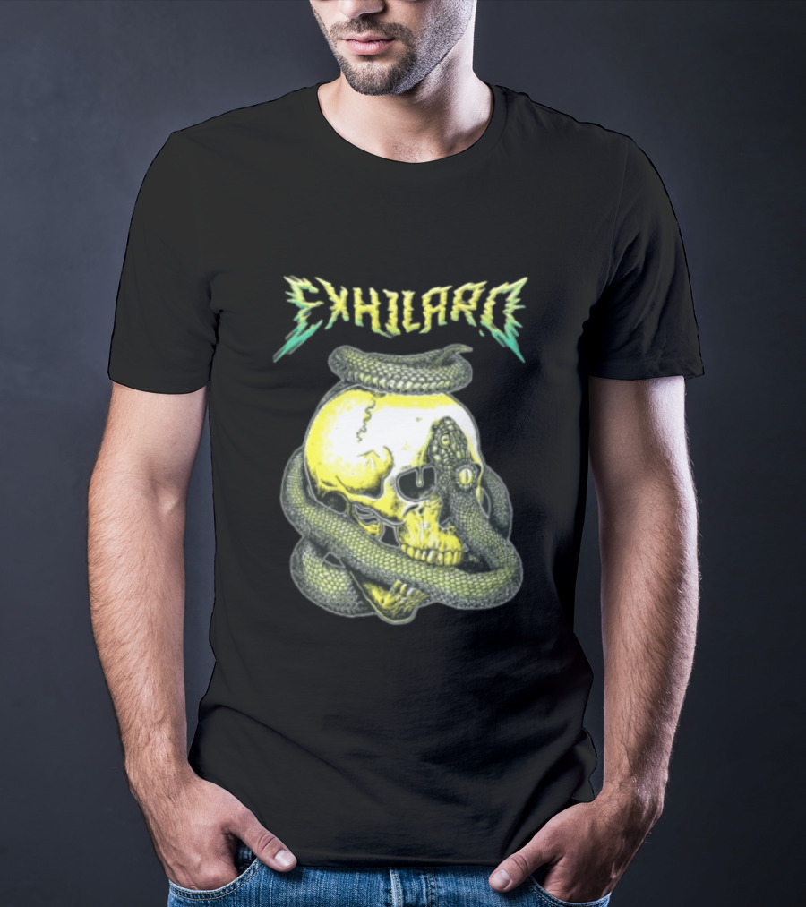 Exhilaro Venomous Serpent Coiled Around Yellow Human Skull T-Shirt