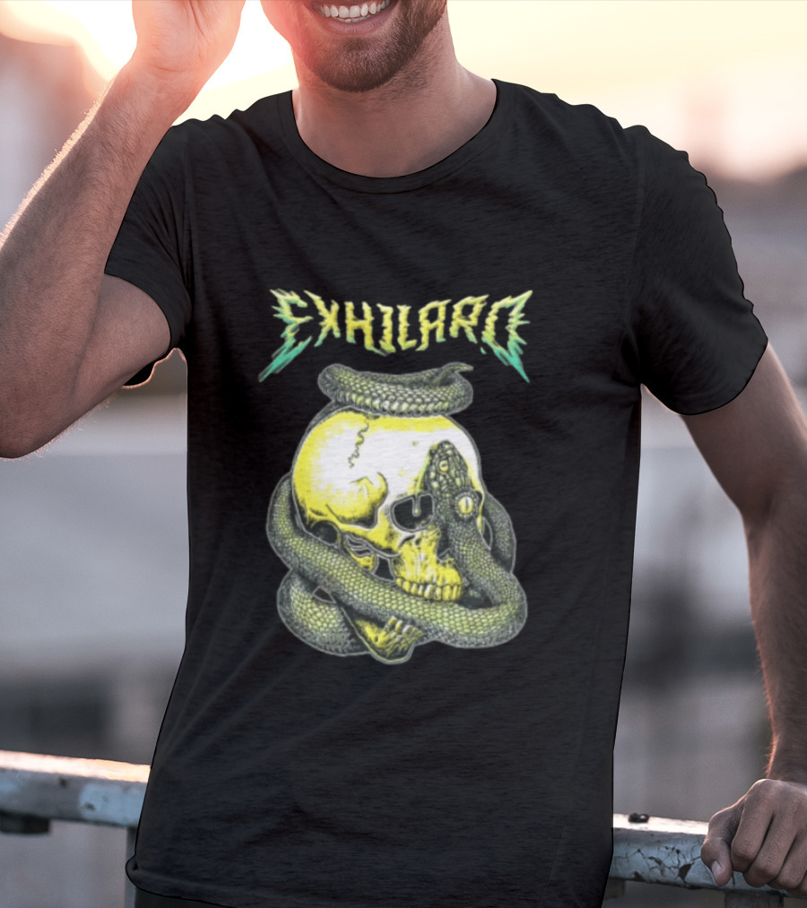 Exhilaro Venomous Serpent Coiled Around Yellow Human Skull T-Shirt