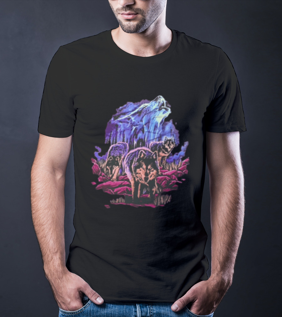 Odm San Diego 2000 Three Wolves Howling Celestial Northern Lights Woods T-Shirt