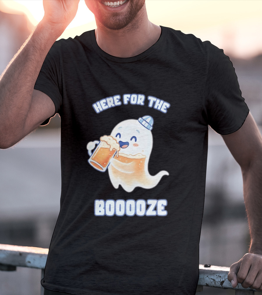 Here For The Booooze Ghost Drinking Beer Fun Halloween T-Shirt
