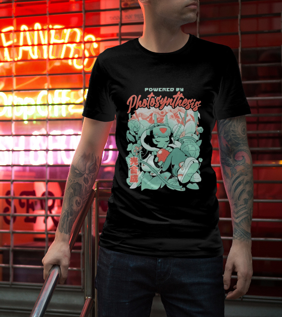 Powered By Photosynthesis Anime Kanji Characters And Cute Green Robot T-Shirt