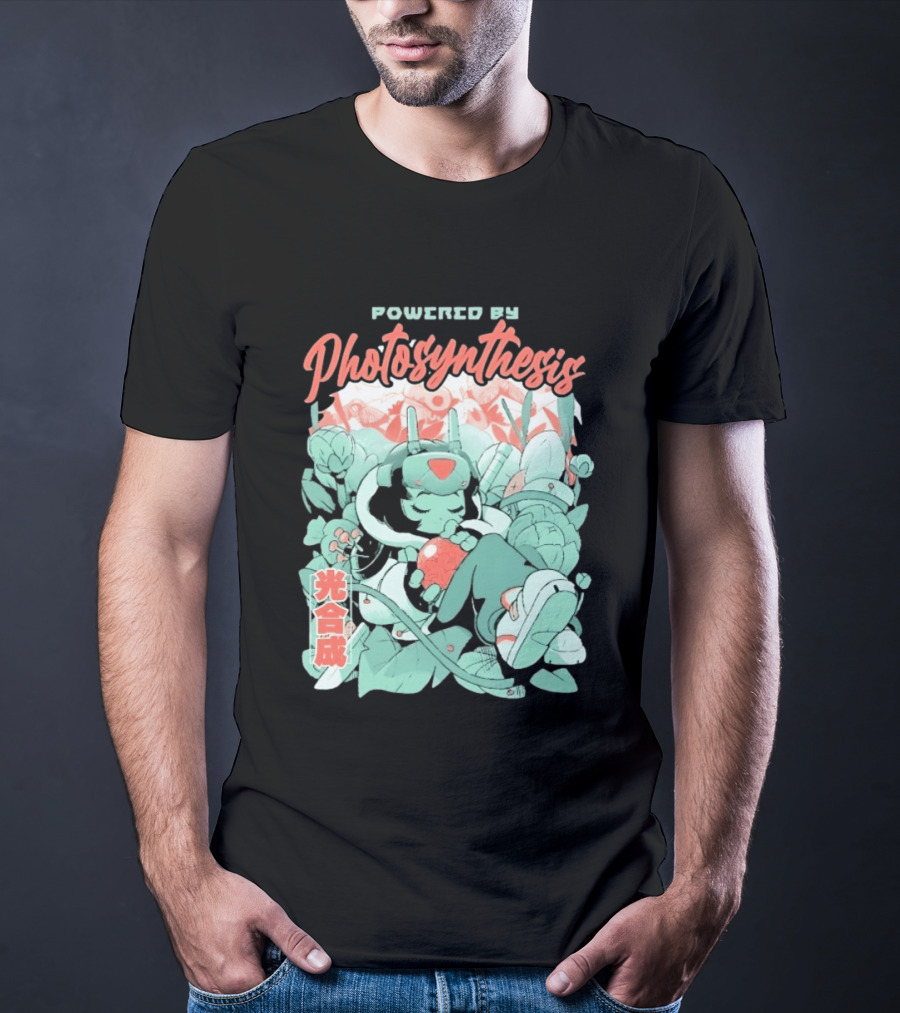 Powered By Photosynthesis Anime Kanji Characters And Cute Green Robot T-Shirt
