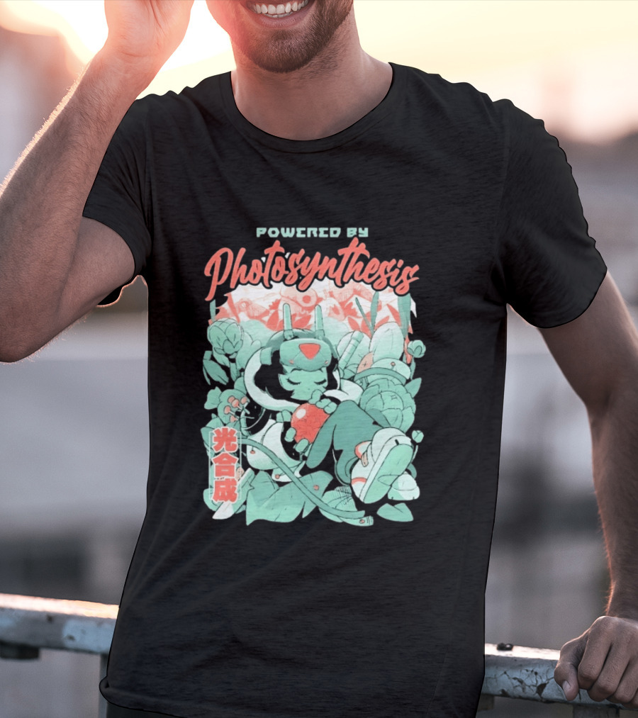 Powered By Photosynthesis Anime Kanji Characters And Cute Green Robot T-Shirt