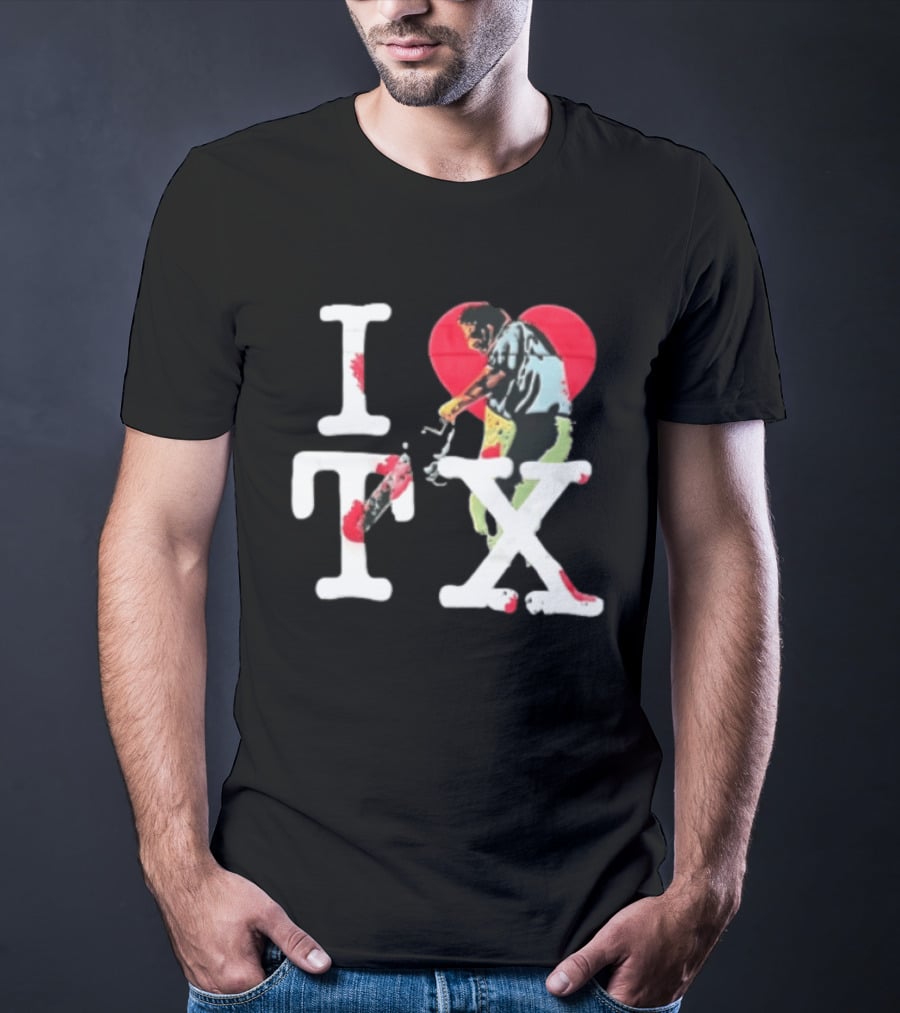 I Love Tx Leatherface Chainsaw Heart Blood Splatter T-Shirt