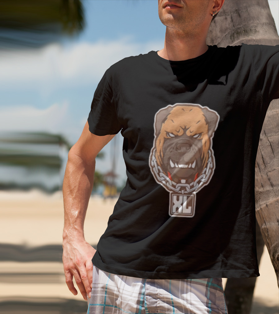 XL Angry Growling Dog Head Chain Collar Tag Cartoon Caricature T-Shirt
