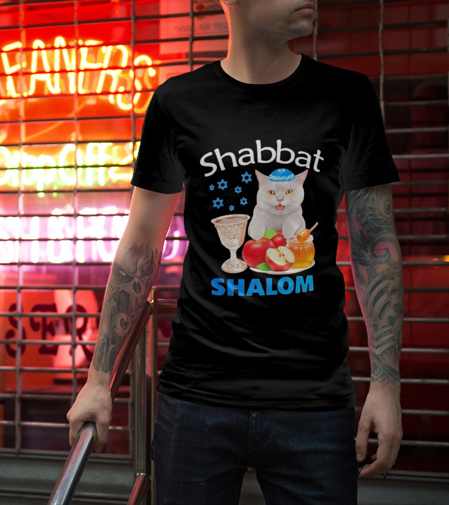 Shabbat Shalom Cat With Kippah Apples Honey And Wine Cup T-Shirt