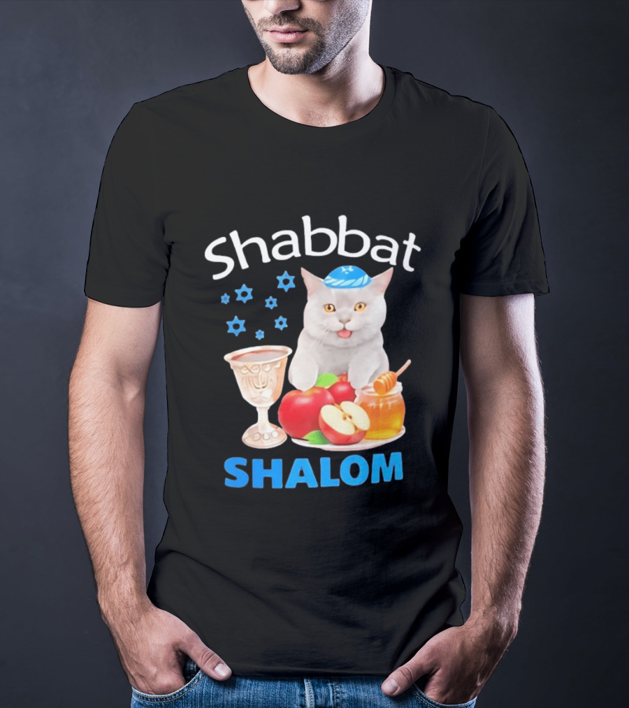 Shabbat Shalom Cat With Kippah Apples Honey And Wine Cup T-Shirt