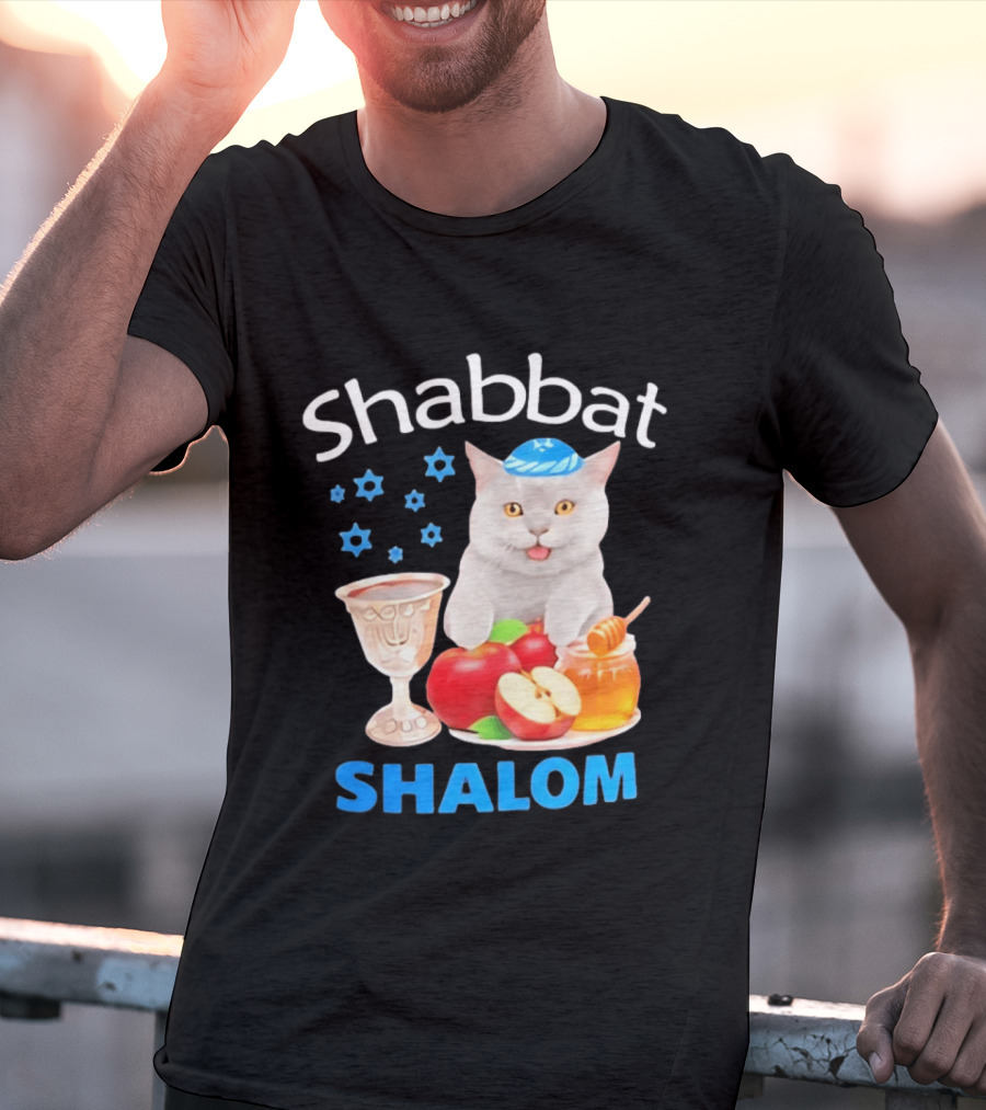 Shabbat Shalom Cat With Kippah Apples Honey And Wine Cup T-Shirt