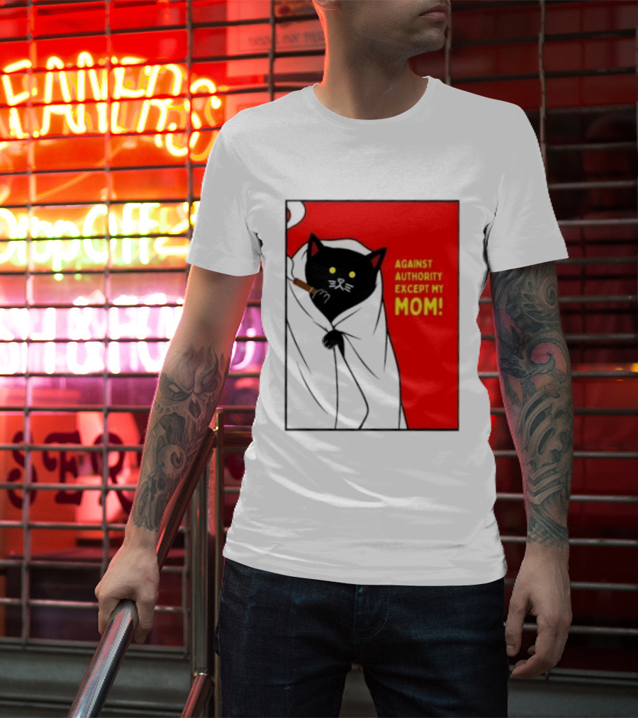 Black Cat Against Authority Except My Mom Smoking Cloaked Yellow Eyes Red T-Shirt