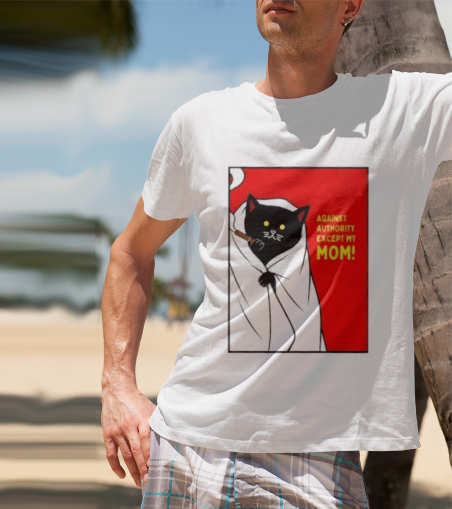 Black Cat Against Authority Except My Mom Smoking Cloaked Yellow Eyes Red T-Shirt