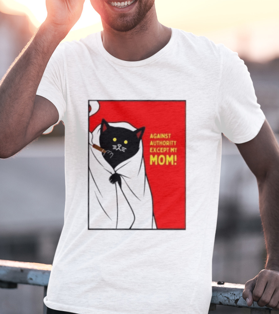 Black Cat Against Authority Except My Mom Smoking Cloaked Yellow Eyes Red T-Shirt
