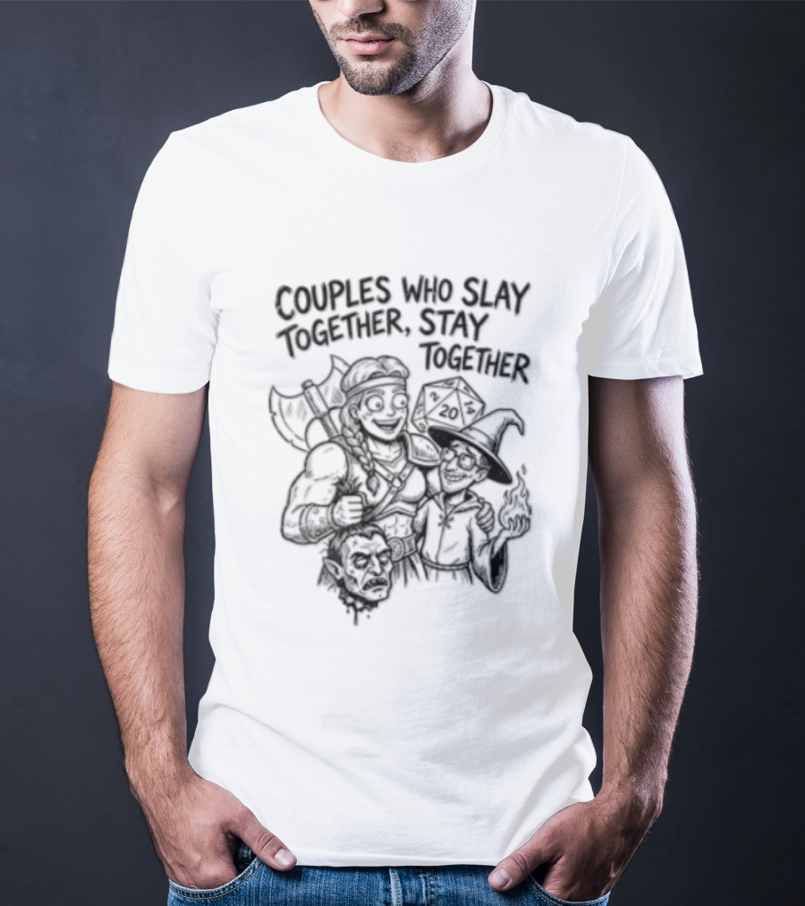 Couples Who Slay Together Stay Cartoon Barbarian Wizard D20 Orc Head T-Shirt