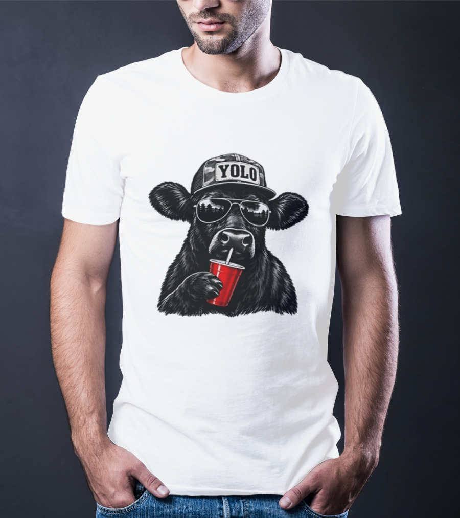 Cow With Yolo Camo Hat Sunglasses Red Cup T-Shirt
