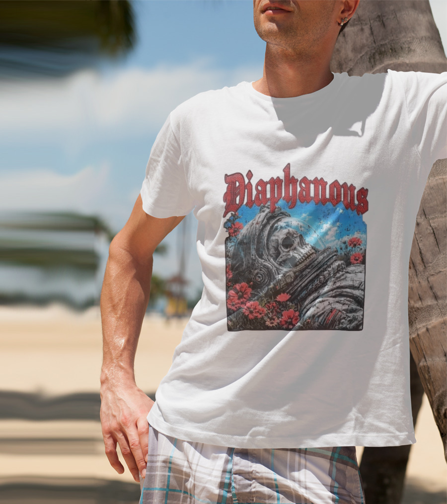 Diaphanous Distressed Skull Astronaut In Flowers With Cosmic T-Shirt