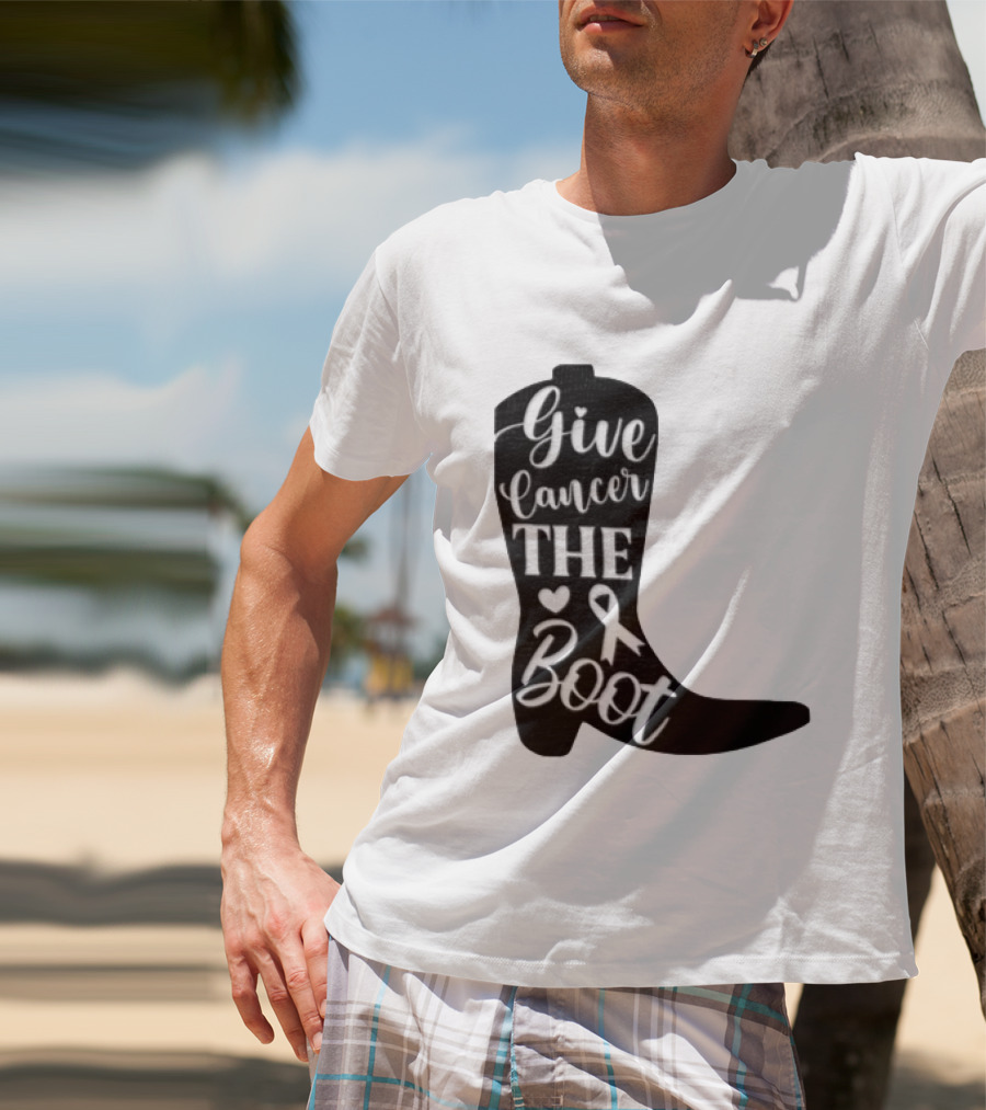 Give Cancer The Boot Awareness Ribbon Western Cowboy Boot T-Shirt