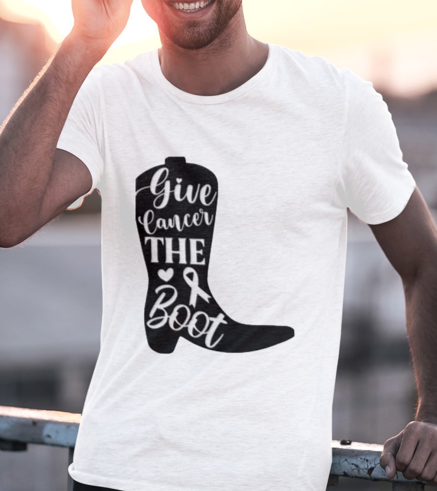 Give Cancer The Boot Awareness Ribbon Western Cowboy Boot T-Shirt