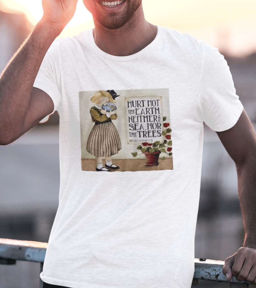 Hurt Not The Earth Revelation 7:3 Vintage Girl Holding Globe Environmental Protection T-Shirt